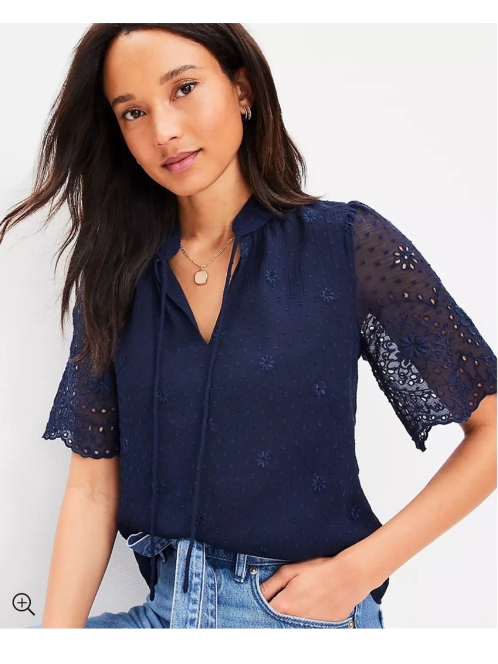LOFT Navy Eyelet Tie-Front Blouse in Navy Clip Dot - Size MP